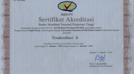 Sertifikat akreditasi S1 Teknik Mesin UNP Kediri